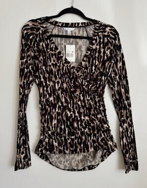 Brown and Black Cabi Animal Print Wrap Long Sleeve Top M